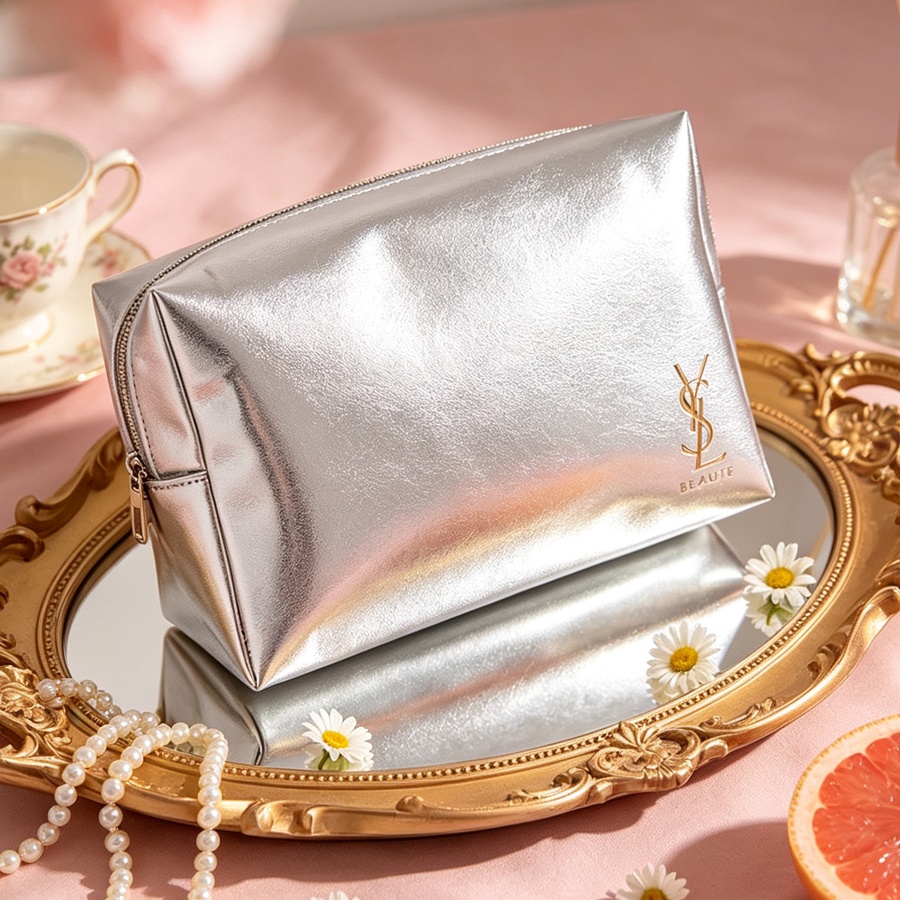 silver cosmetic pouch,faux lea - Ysl Beauty Makeup Bag ulasan dan harga