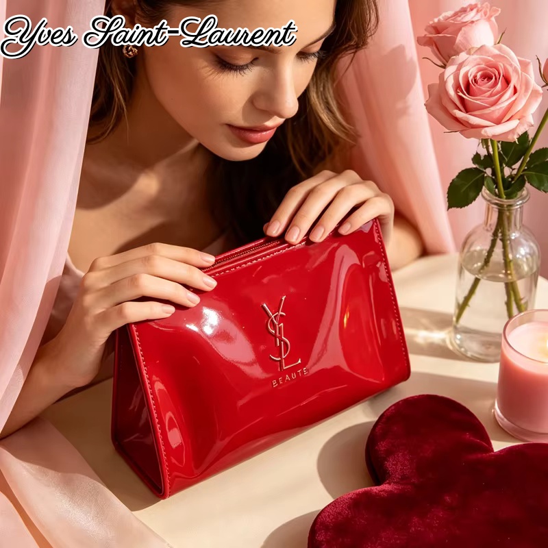 YSL Red Patent Leather Zipper  - Ysl Beauty Makeup Bag ulasan dan harga