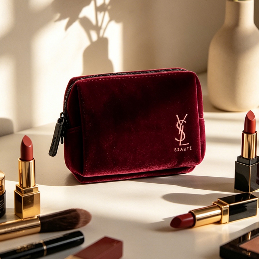 YSL’s Bag Wine Red Velvet Mini - Ysl Beauty Makeup Bag ulasan dan harga