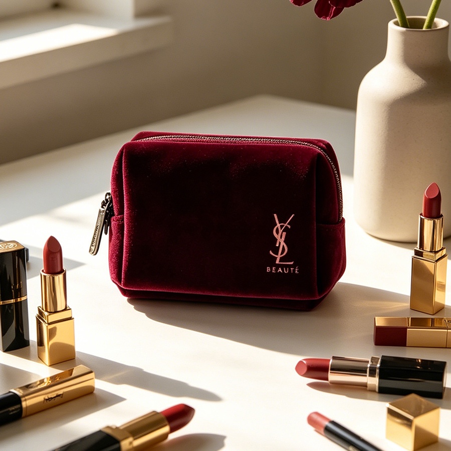 YSL’s Bag Wine Red Velvet Mini - Ysl Beauty Makeup Bag ulasan dan harga