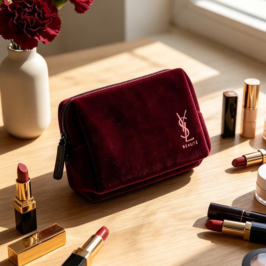 YSL’s Bag Wine Red Velvet Mini - Ysl Beauty Makeup Bag ulasan dan harga
