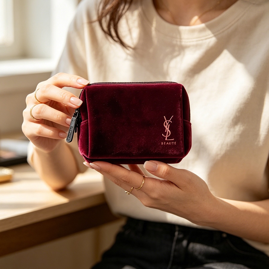 YSL’s Bag Wine Red Velvet Mini - Ysl Beauty Makeup Bag ulasan dan harga
